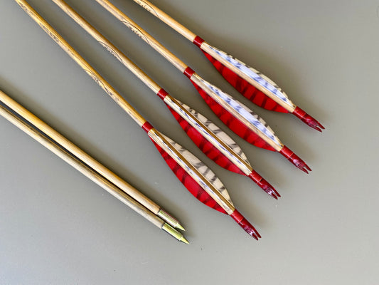 Premium Wooden Arrows, 5 inches Long Feathers - Plastic Nock (half dozen)